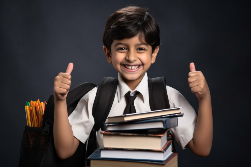 Indian boy with notebooks giving thumbs up Indian boy with notebooks giving thumbs up