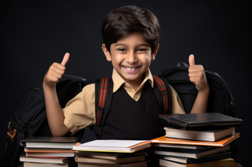 Indian boy with notebooks giving thumbs up Indian boy with notebooks giving thumbs up