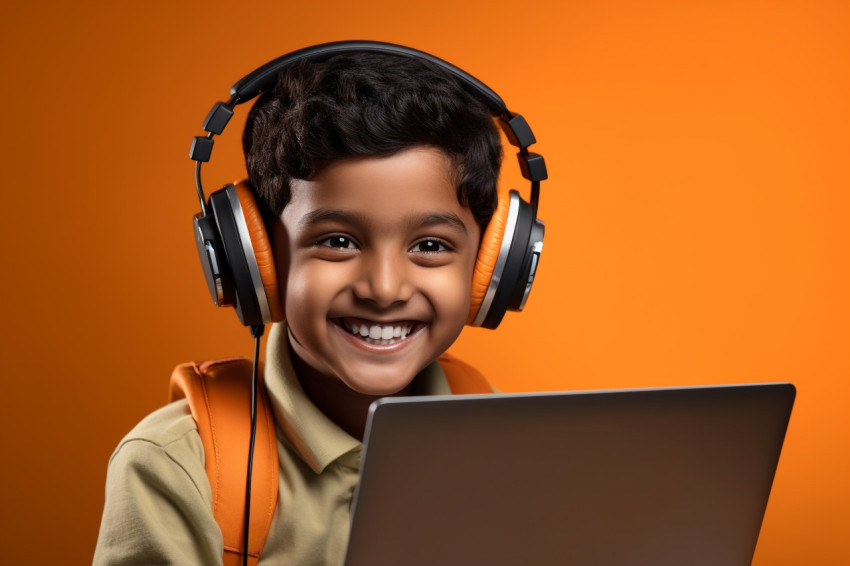 Indian boy with headset and laptop Indian boy with headset and laptop