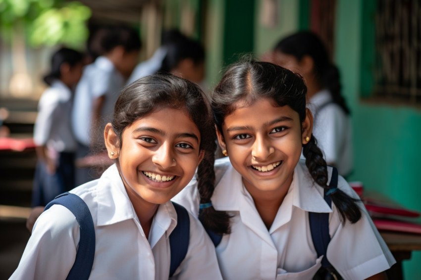 Two young Indian girls smile in front of class photo Two young Indian girls smile in front of class photo