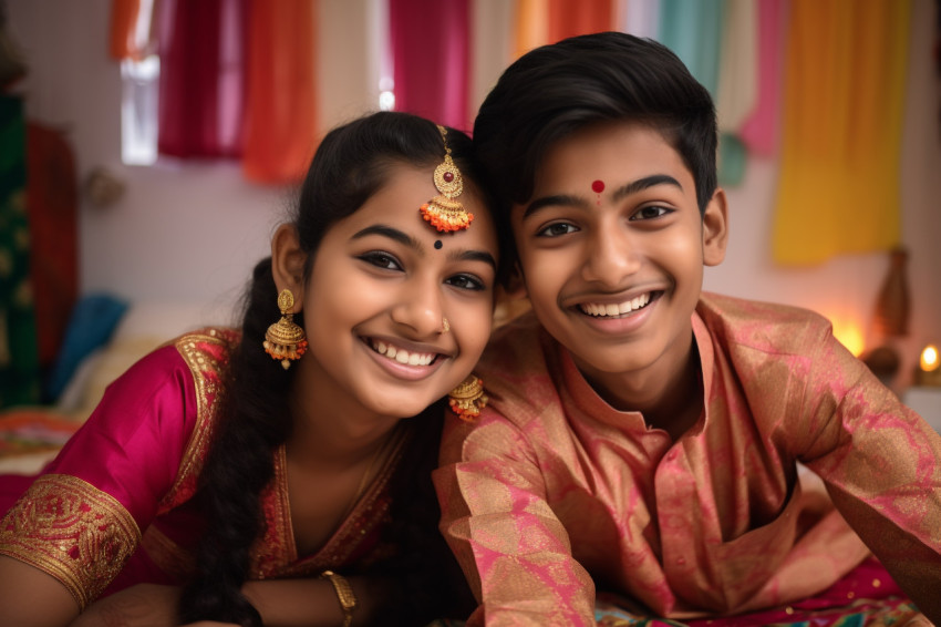 Happy Indian teen siblings in traditional clothes Happy Indian teen siblings in traditional clothes