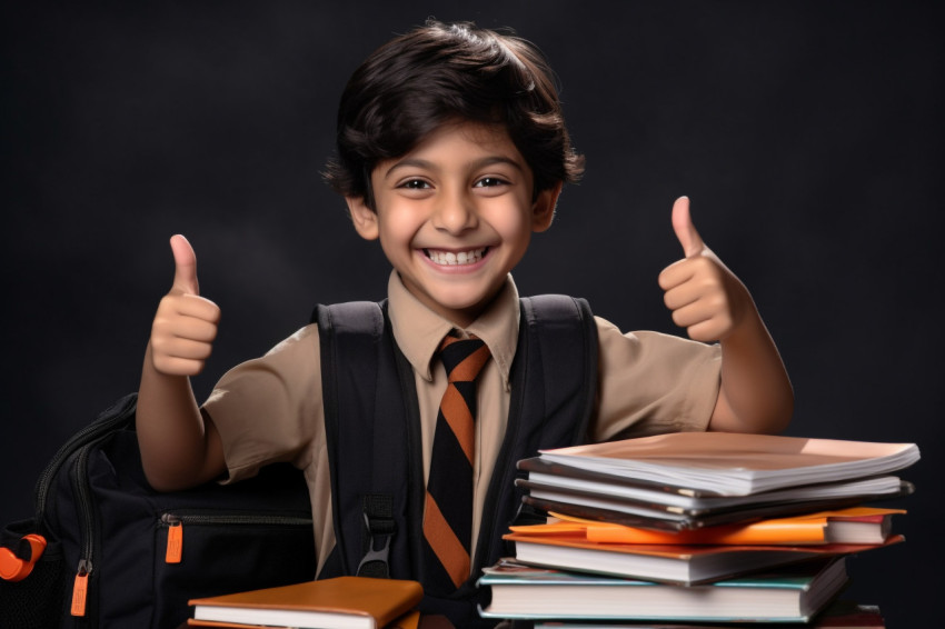 Indian boy with notebooks giving thumbs up Indian boy with notebooks giving thumbs up
