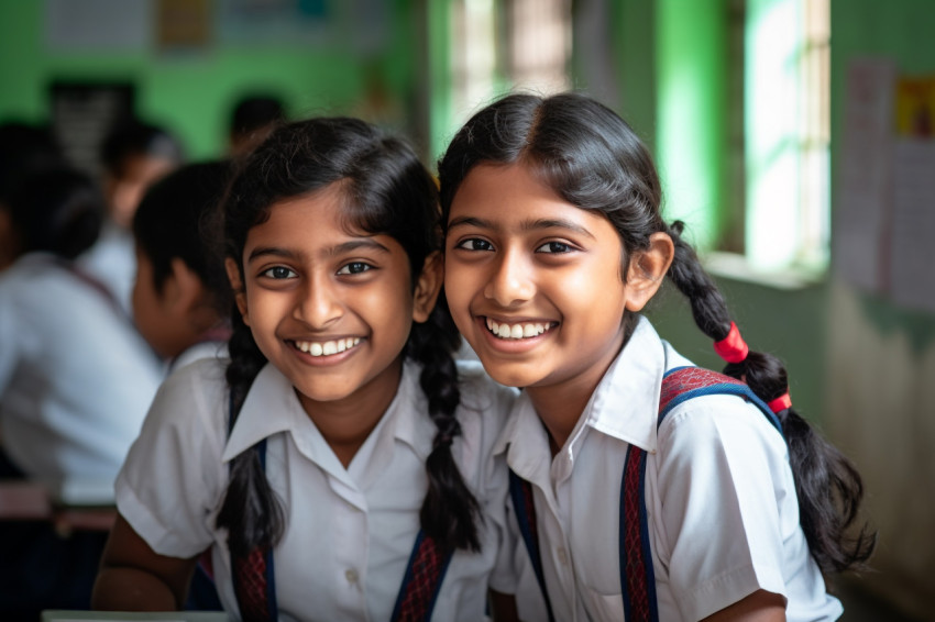 Two young Indian girls smile in front of class photo Two young Indian girls smile in front of class photo