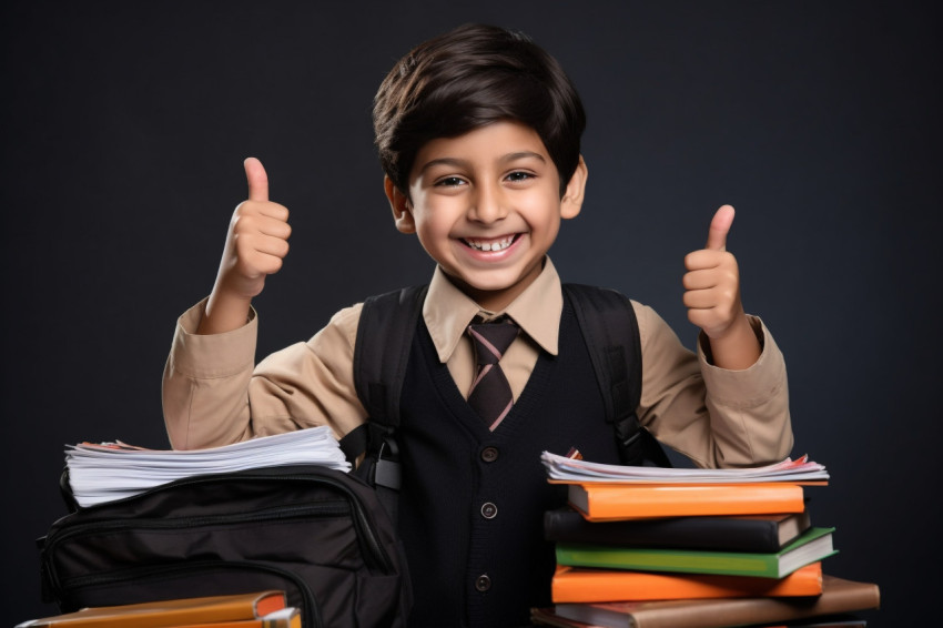 Indian boy with notebooks giving thumbs up Indian boy with notebooks giving thumbs up