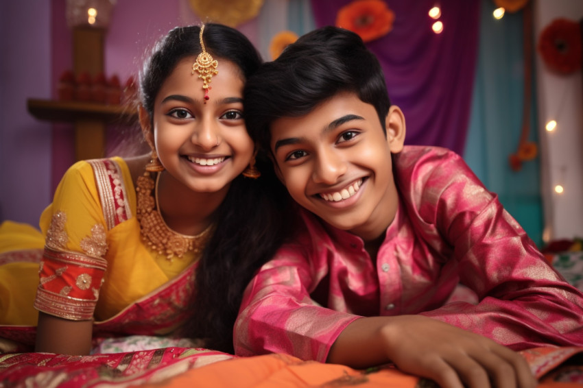Happy Indian teen siblings in traditional clothes Happy Indian teen siblings in traditional clothes