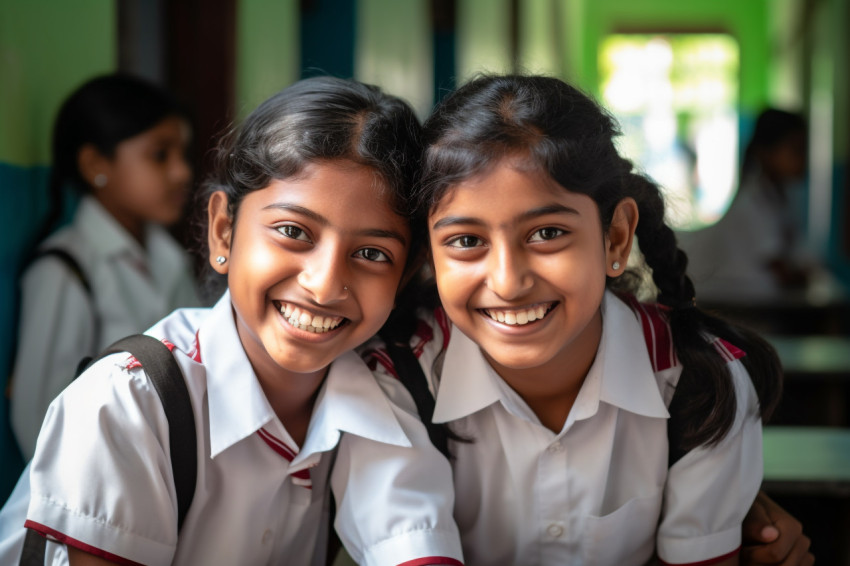 Two young Indian girls smile in front of class photo Two young Indian girls smile in front of class photo