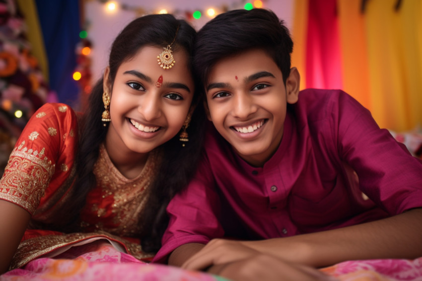 Happy Indian teen siblings in traditional clothes Happy Indian teen siblings in traditional clothes