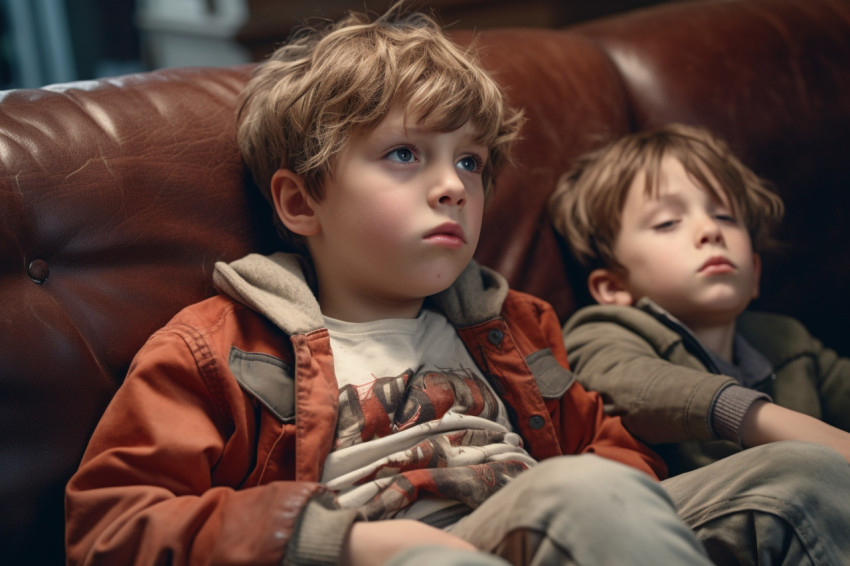 Sad kids on sofa after losing videogame Sad kids on sofa after losing videogame