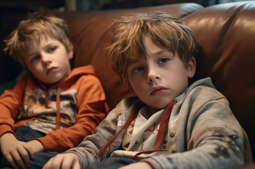 Sad kids on sofa after losing videogame Sad kids on sofa after losing videogame