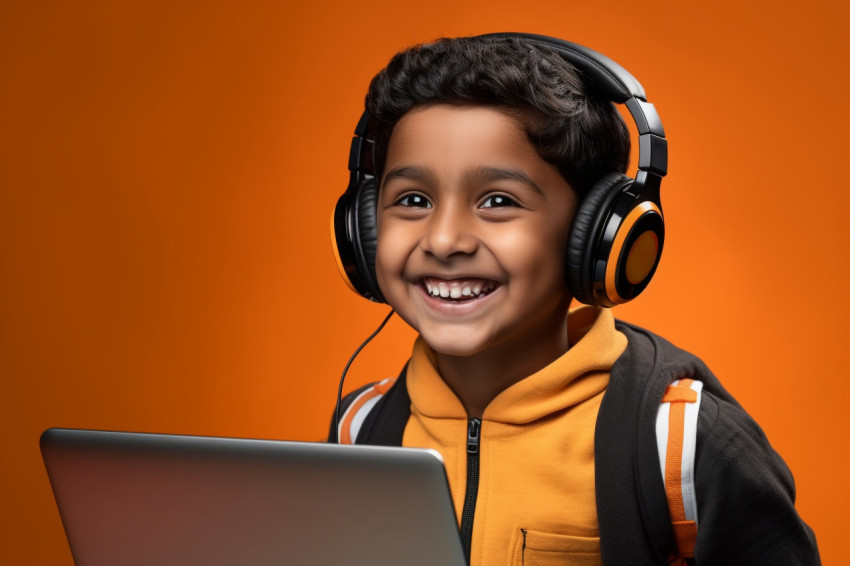 Indian boy with headset and laptop Indian boy with headset and laptop