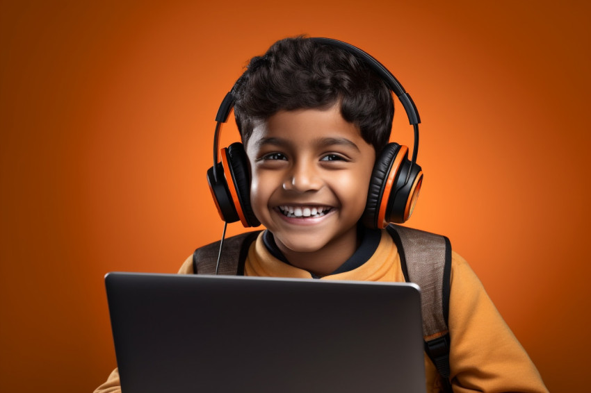 Indian boy with headset and laptop Indian boy with headset and laptop