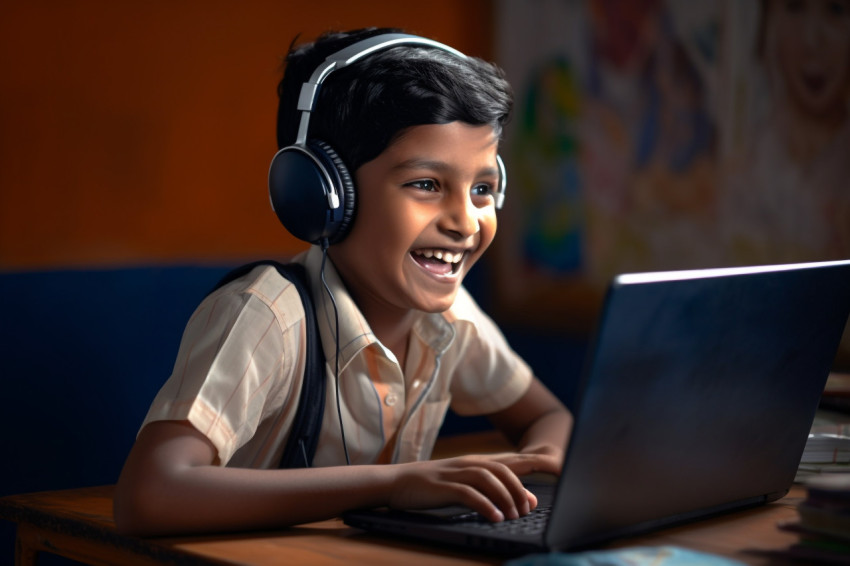Indian student learns language online with headphones on laptop Indian student learns language online with headphones on laptop
