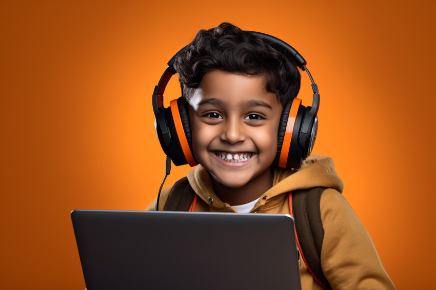 Indian boy with headset and laptop Indian boy with headset and laptop