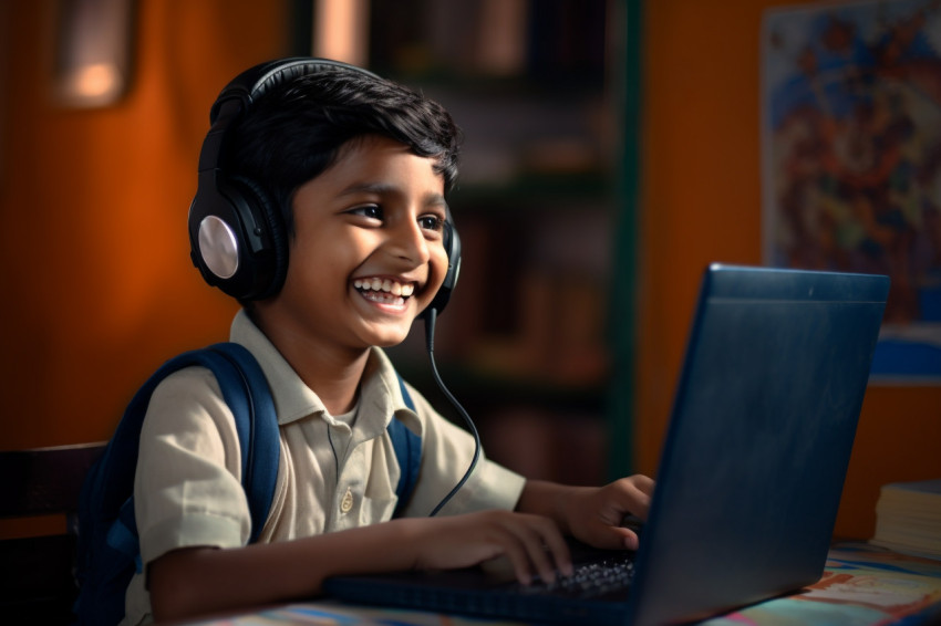 Indian student learns language online with headphones on laptop Indian student learns language online with headphones on laptop