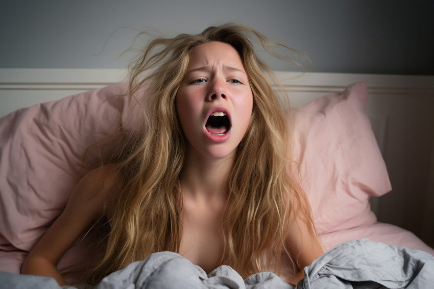 Pic of teen girl yawns on bed Pic of teen girl yawns on bed