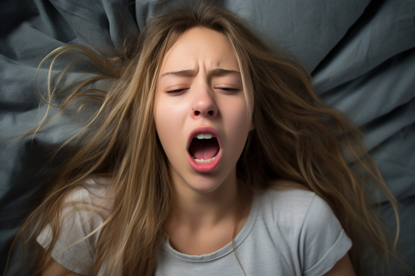 Pic of teen girl yawns on bed Pic of teen girl yawns on bed