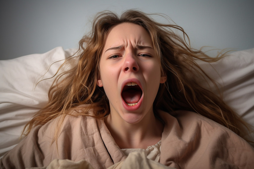 Pic of teen girl yawns on bed Pic of teen girl yawns on bed