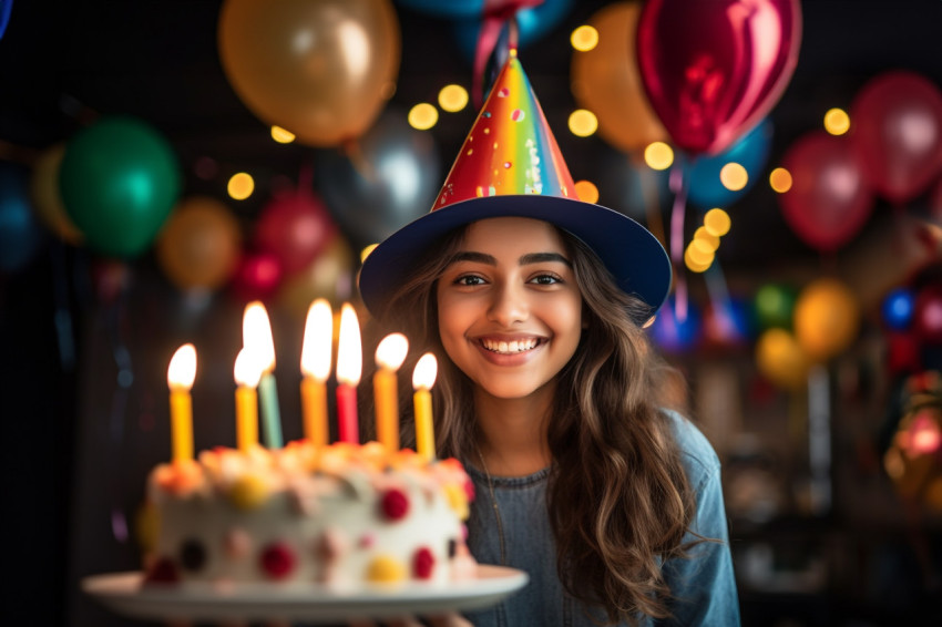Photo of Indian teenage girl with festive hat and birthday cake