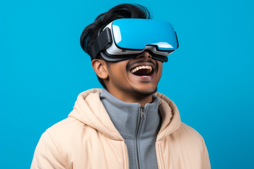 Photo of young Indian man using VR on blue background Photo of young Indian man using VR on blue background