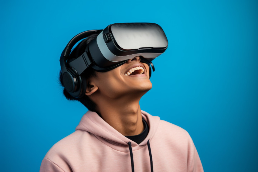 Photo of young Indian man using VR on blue background Photo of young Indian man using VR on blue background