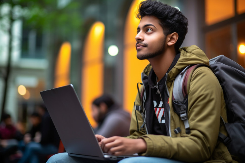 Young Indian student lost in thought while working on laptop Young Indian student lost in thought while working on laptop