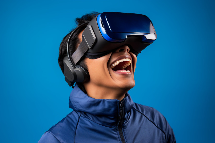 Photo of young Indian man using VR on blue background Photo of young Indian man using VR on blue background