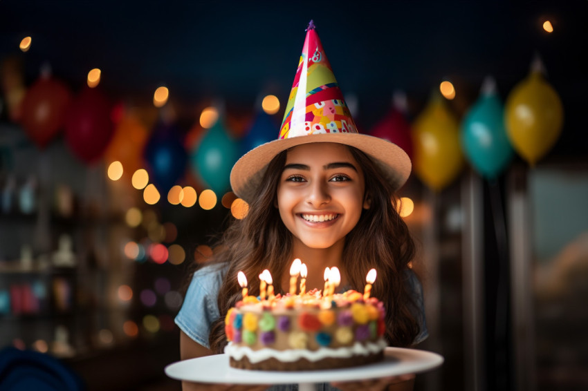 Photo of Indian teenage girl with festive hat and birthday cake