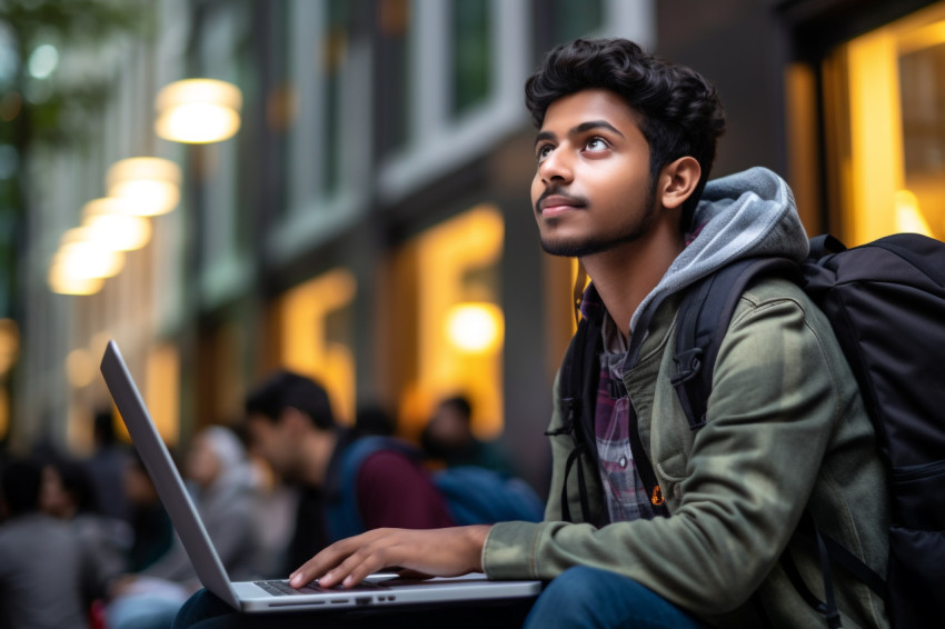 Young Indian student lost in thought while working on laptop Young Indian student lost in thought while working on laptop