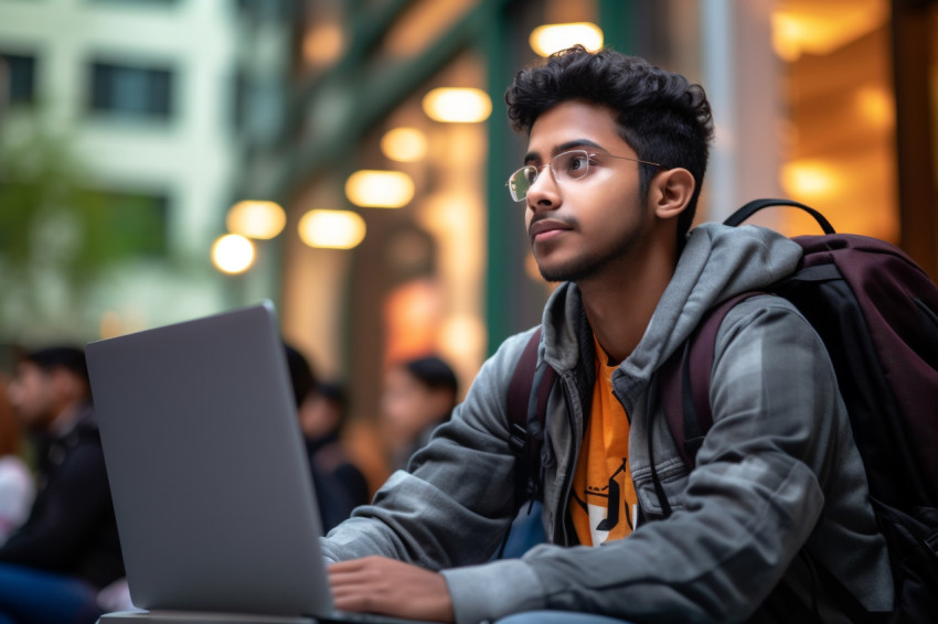 Young Indian student lost in thought while working on laptop Young Indian student lost in thought while working on laptop