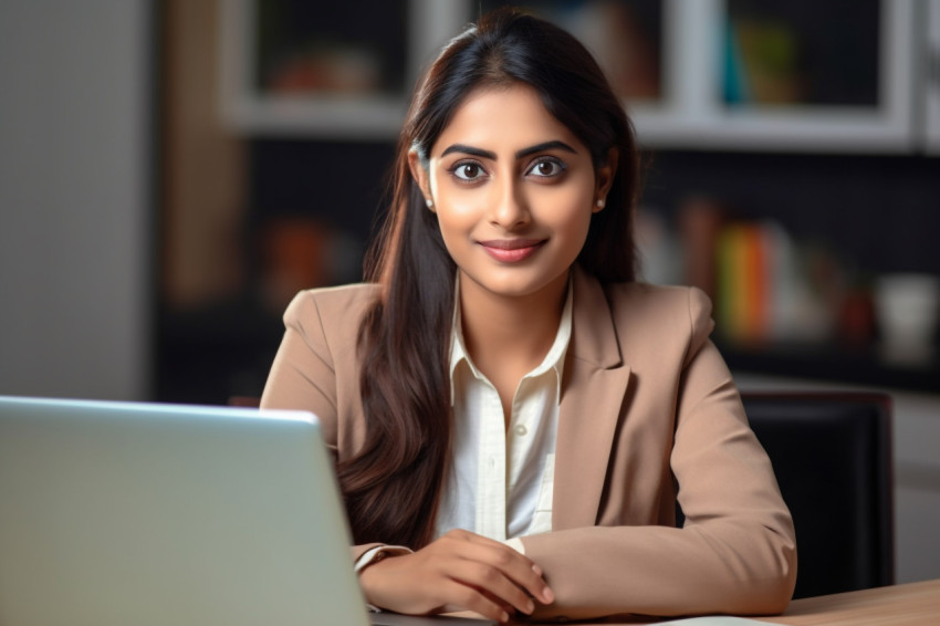 Photo of happy young Indian woman student freelancer teacher working at home Photo of happy young Indian woman student freelancer teacher working at home