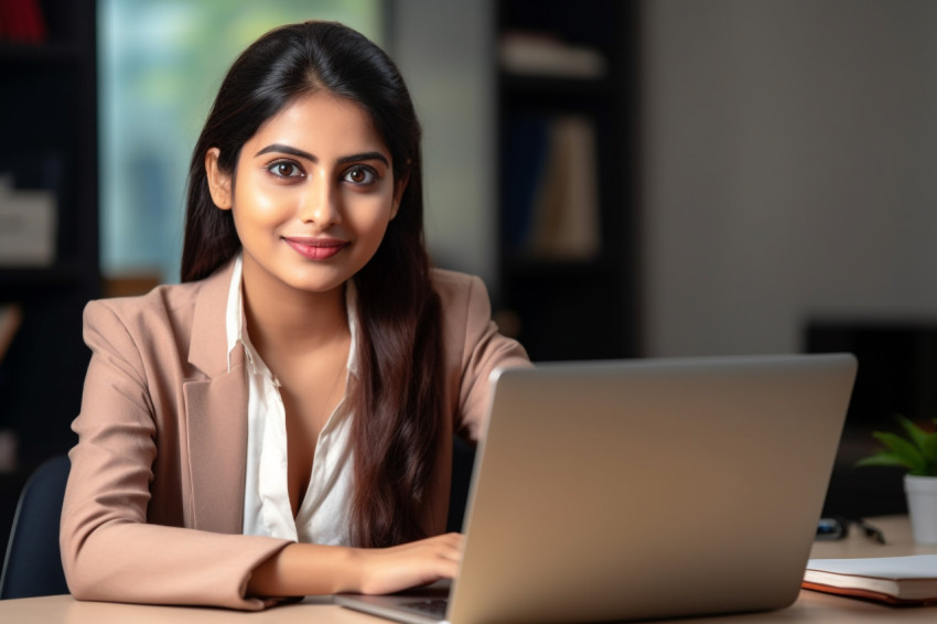 Photo of happy young Indian woman student freelancer teacher working at home Photo of happy young Indian woman student freelancer teacher working at home
