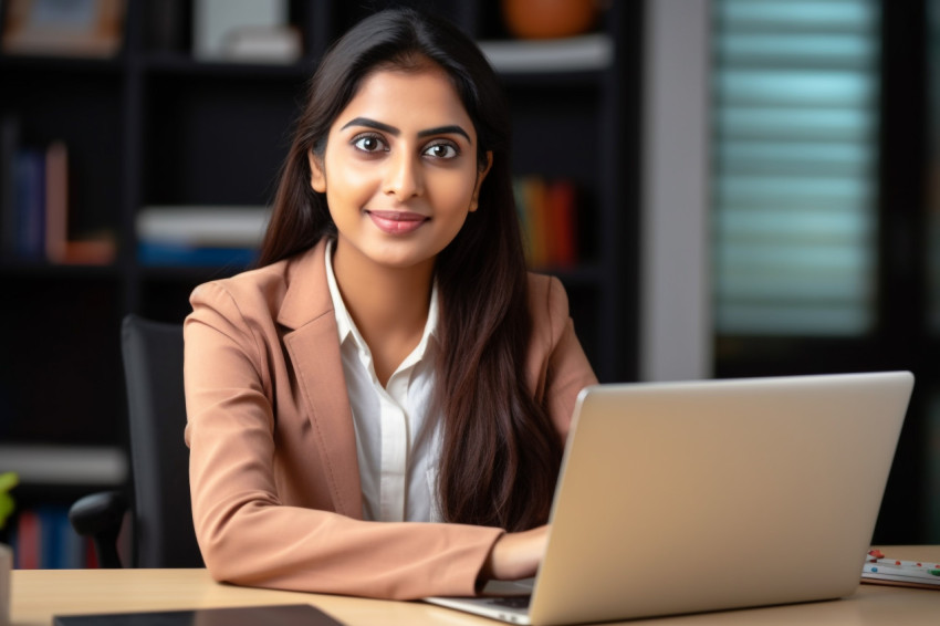 Photo of happy young Indian woman student freelancer teacher working at home Photo of happy young Indian woman student freelancer teacher working at home
