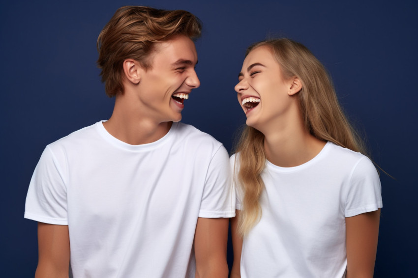 Two young men in white shirts smiling and talking on dark background Two young men in white shirts smiling and talking on dark background