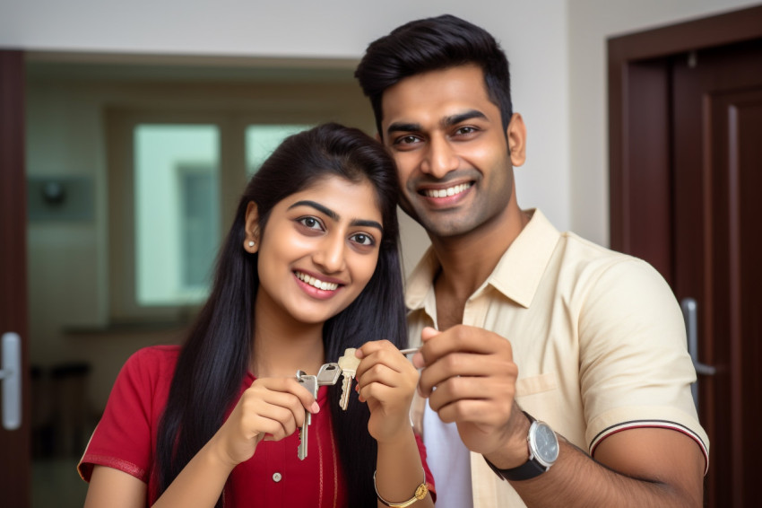 Happy Indian family couple shows new house keys