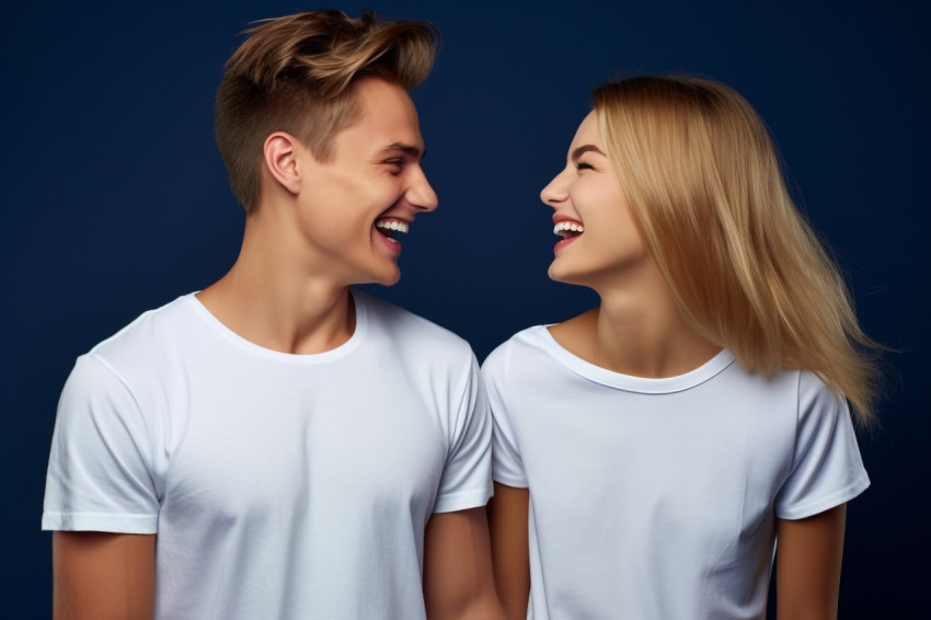 Two young men in white shirts smiling and talking on dark background Two young men in white shirts smiling and talking on dark background