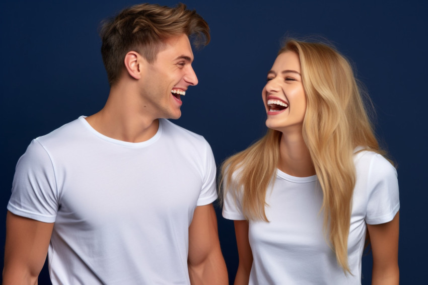 Two young men in white shirts smiling and talking on dark background Two young men in white shirts smiling and talking on dark background