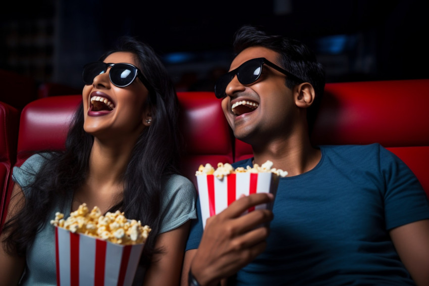 Happy Indian couple watch movie with 3D glasses and popcorn