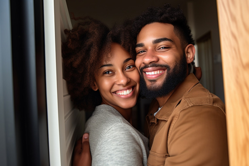 Happy African American couple hugging at new home doorway Happy African American couple hugging at new home doorway
