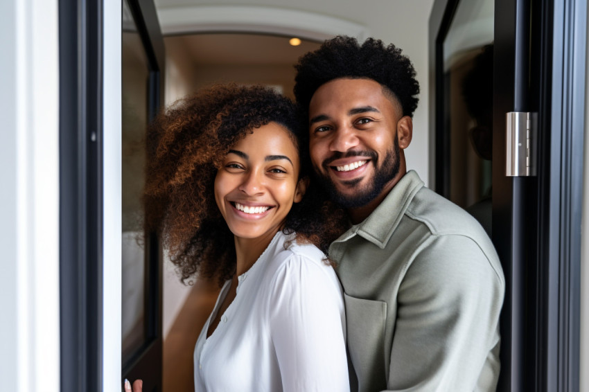 Happy African American couple hugging at new home doorway Happy African American couple hugging at new home doorway