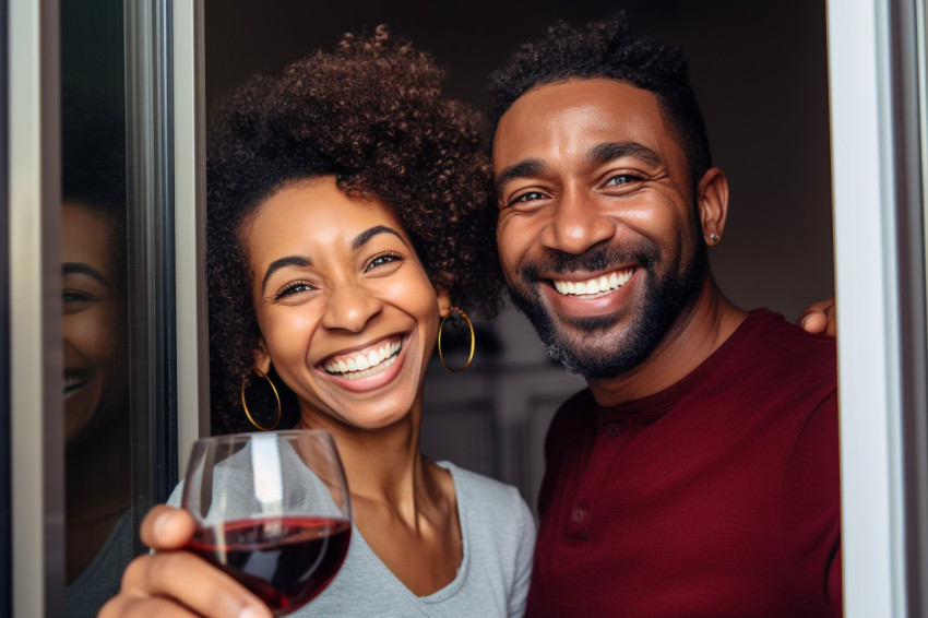 Happy African American couple hugging at new home doorway Happy African American couple hugging at new home doorway