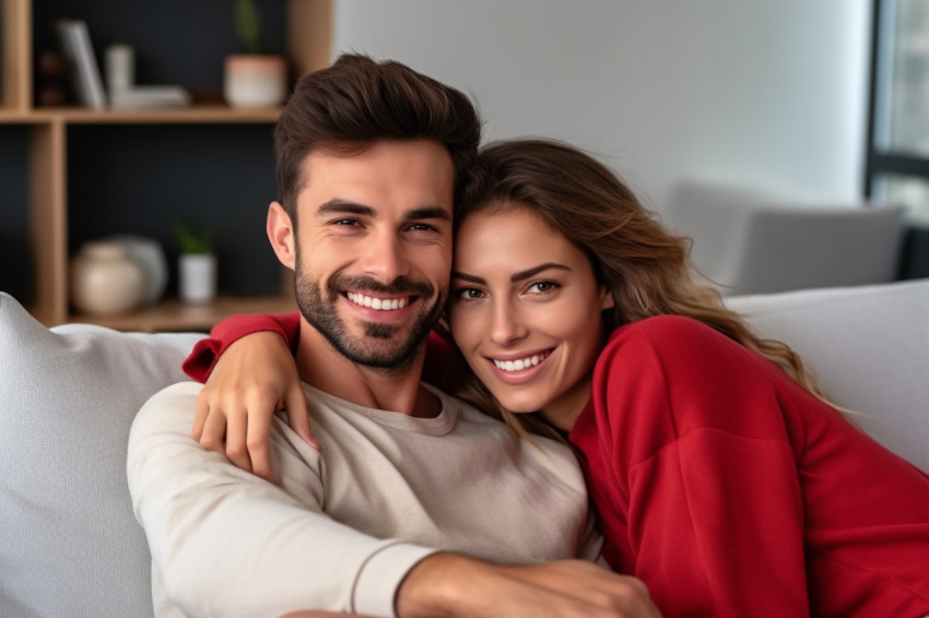 Cheerful couple cuddling on couch looking at camera Cheerful couple cuddling on couch looking at camera