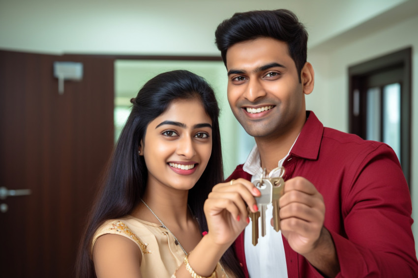 Happy Indian family couple shows new house keys