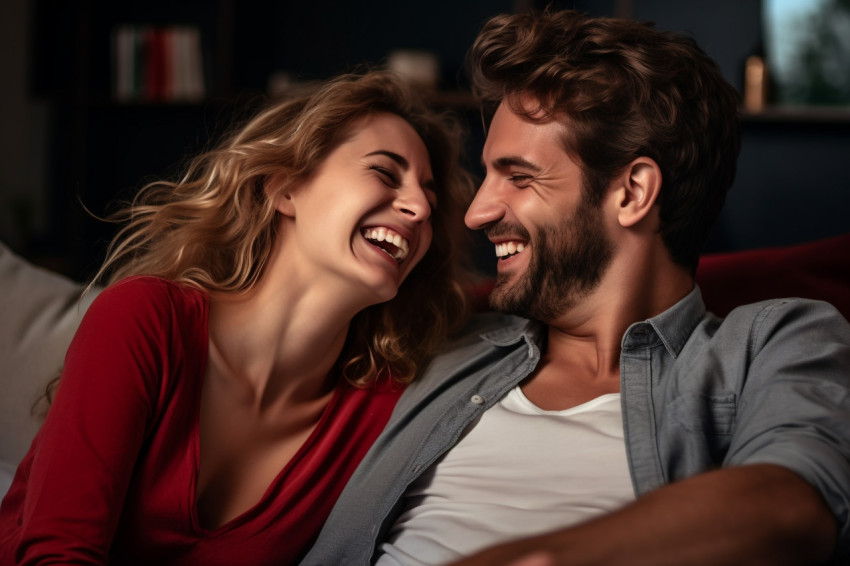 Happy couple talking on couch at home Happy couple talking on couch at home