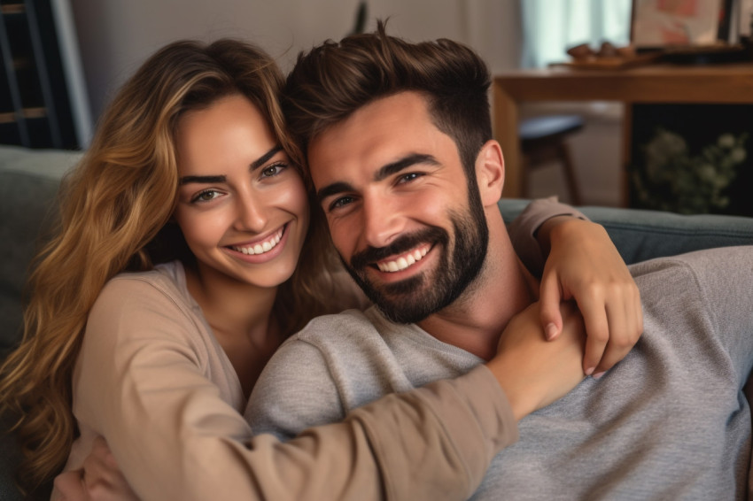 Cheerful couple cuddling on couch looking at camera Cheerful couple cuddling on couch looking at camera