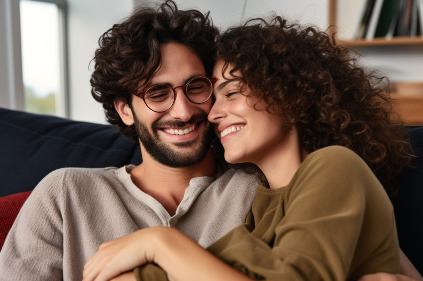 Cheerful couple cuddling on couch looking at camera Cheerful couple cuddling on couch looking at camera