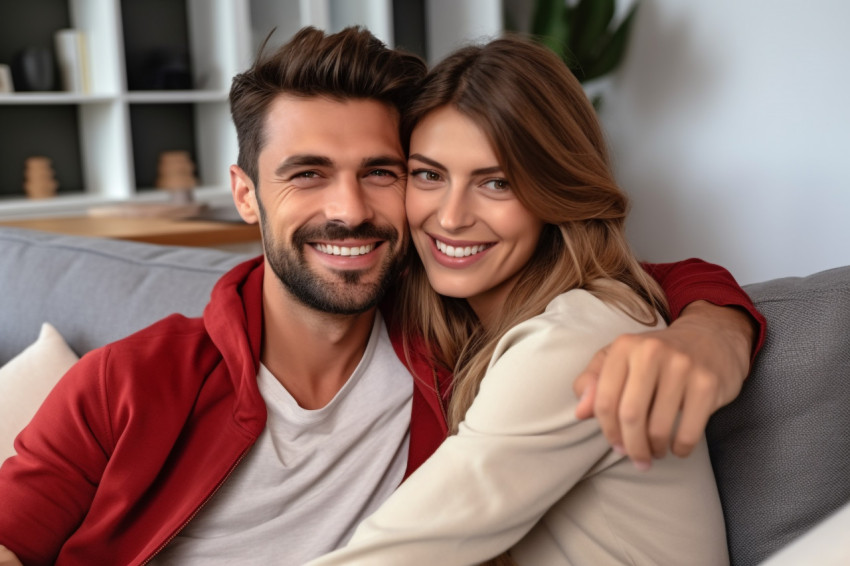 Cheerful couple cuddling on couch looking at camera Cheerful couple cuddling on couch looking at camera