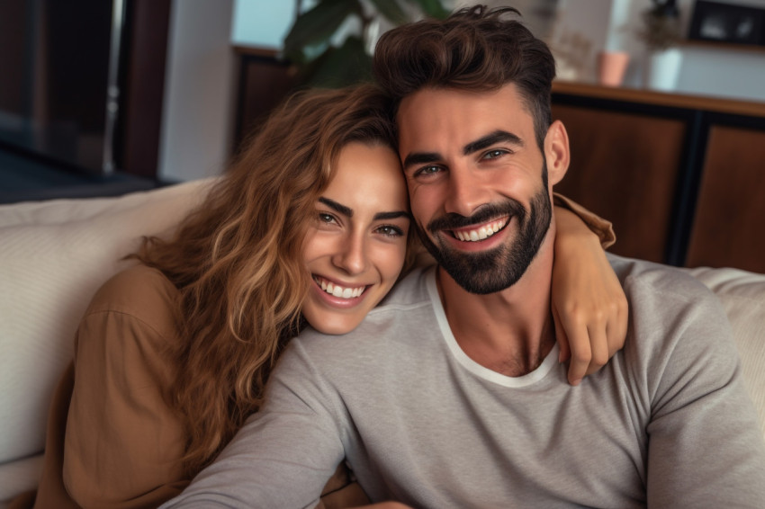 Cheerful couple cuddling on couch looking at camera Cheerful couple cuddling on couch looking at camera