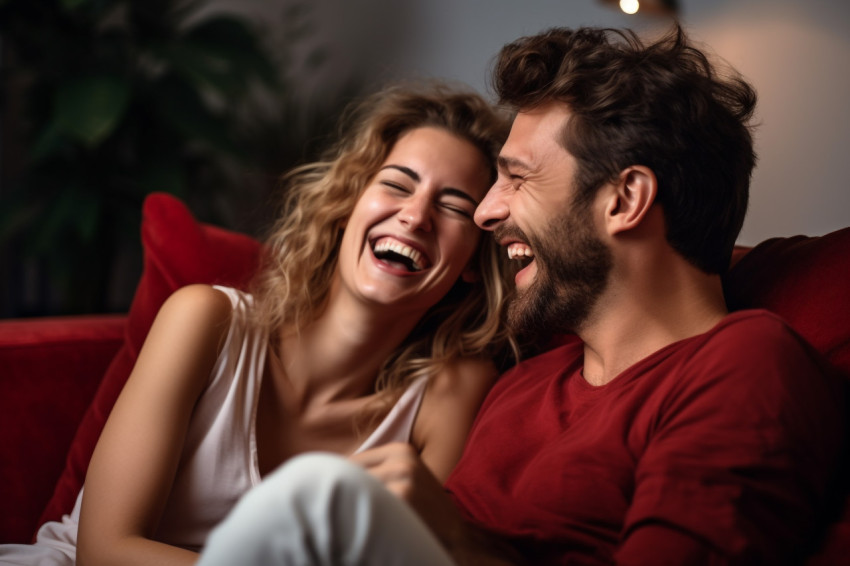 Happy couple talking on couch at home Happy couple talking on couch at home
