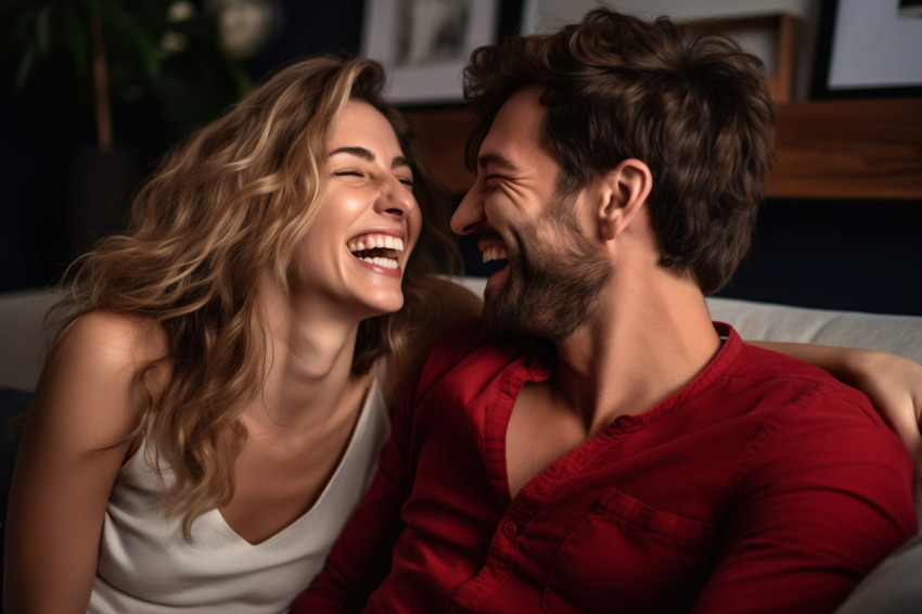 Happy couple talking on couch at home Happy couple talking on couch at home