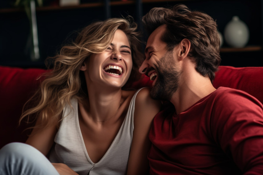 Happy couple talking on couch at home Happy couple talking on couch at home